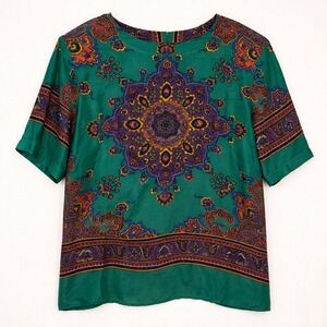 Stunt Collections Silk Green Paisley Mandala Medallion Party Top S Festival
